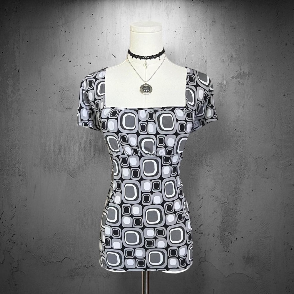 Y2K Van Heusen Geometric Mod Square Neck Stretch Top XL Grey Black Retro Career
